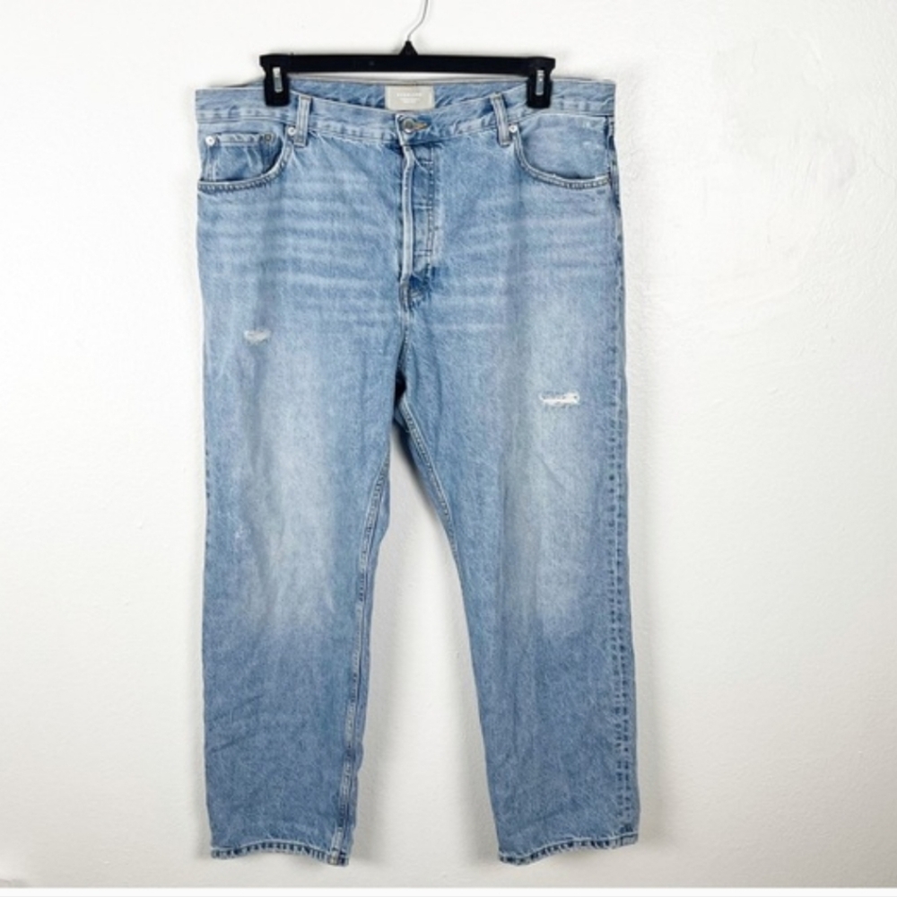 EVERLANE The Ripped Straight Fit High Rise Button Fly Distressed Jeans, Size 33